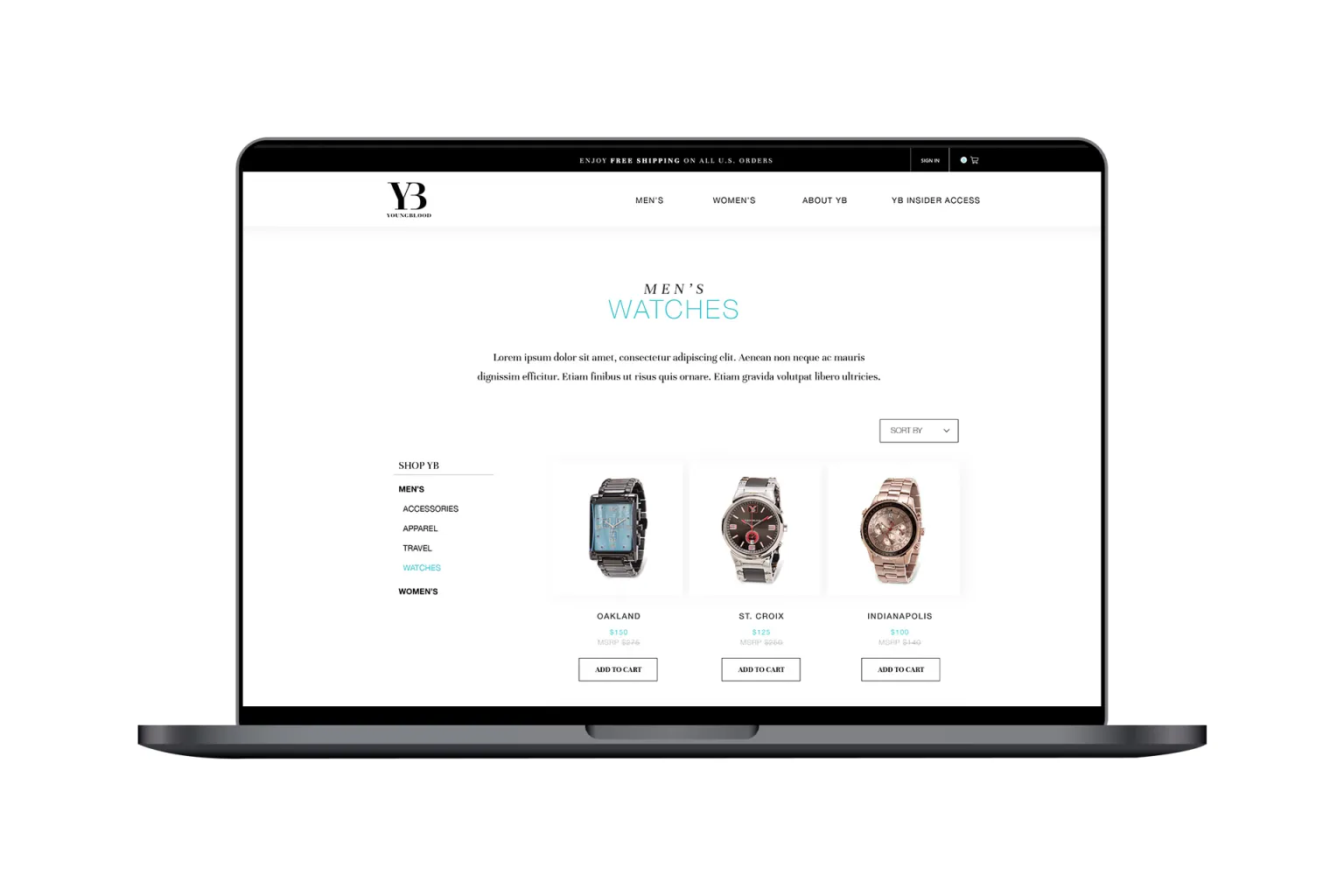 Desktop UI screens: Men's watches